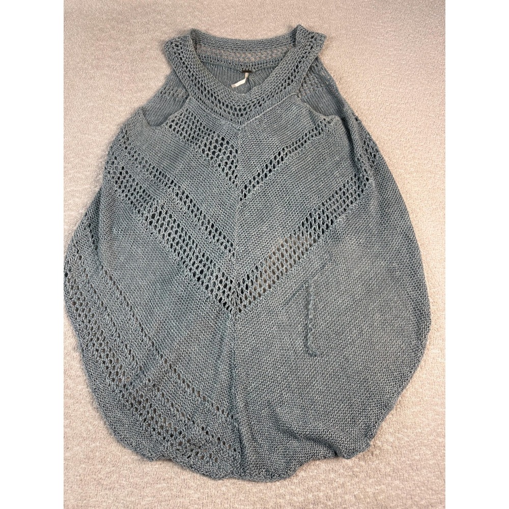 Free People Sweater Womens Medium Blue Linen Blend Open Knit Poncho Tank‎